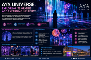 Visitors exploring the futuristic digital landscapes and interactive light installations inside AYA Universe, Dubai’s immersive entertainment attraction.