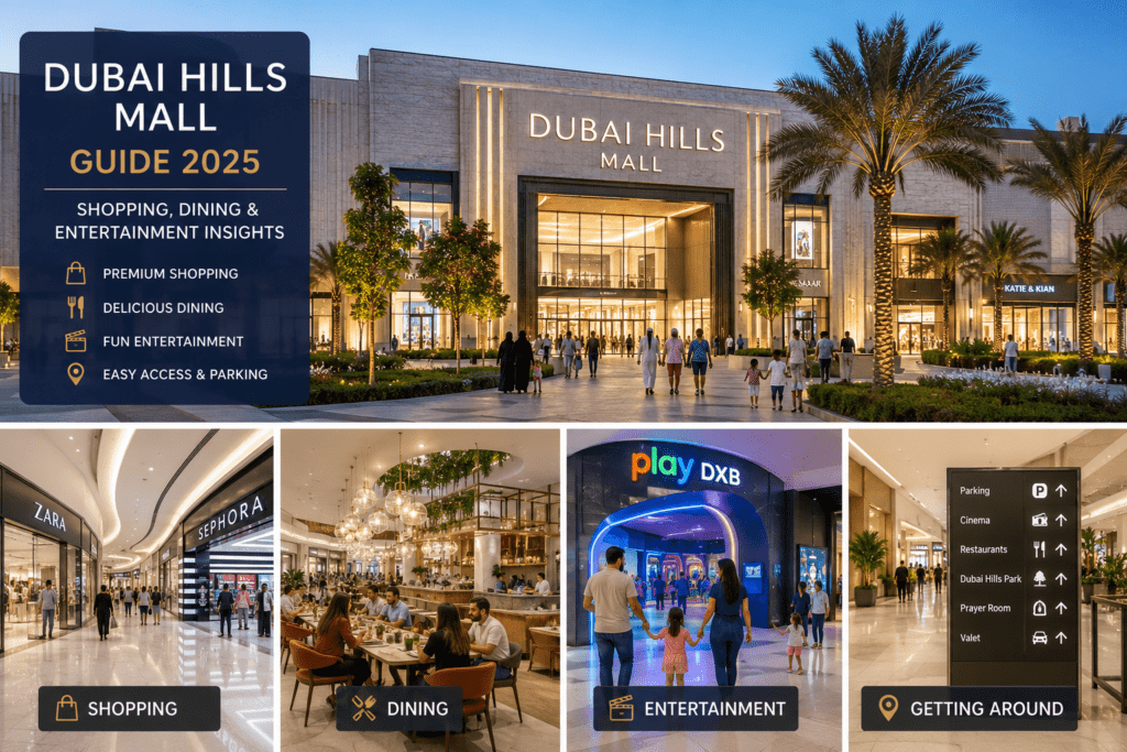 Dubai Hills Mall exterior and interior featuring retail stores, restaurants, family entertainment venues, and modern shopping spaces in Dubai.