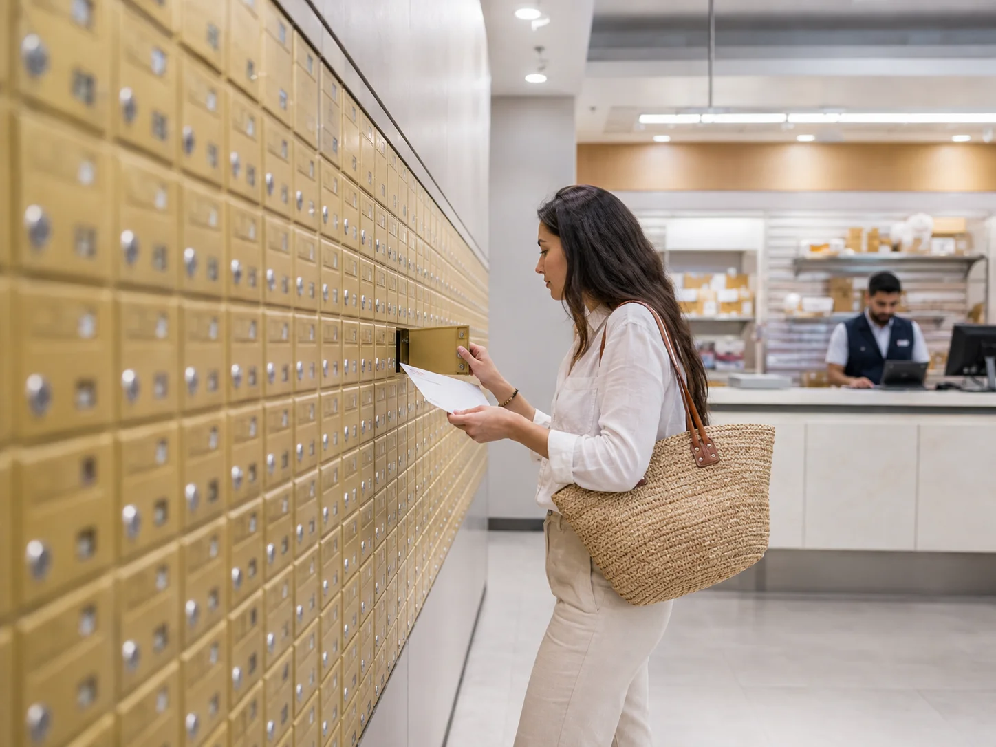 Visitor collecting mail from a wall of P.O. boxes inside a modern Dubai post office branch.