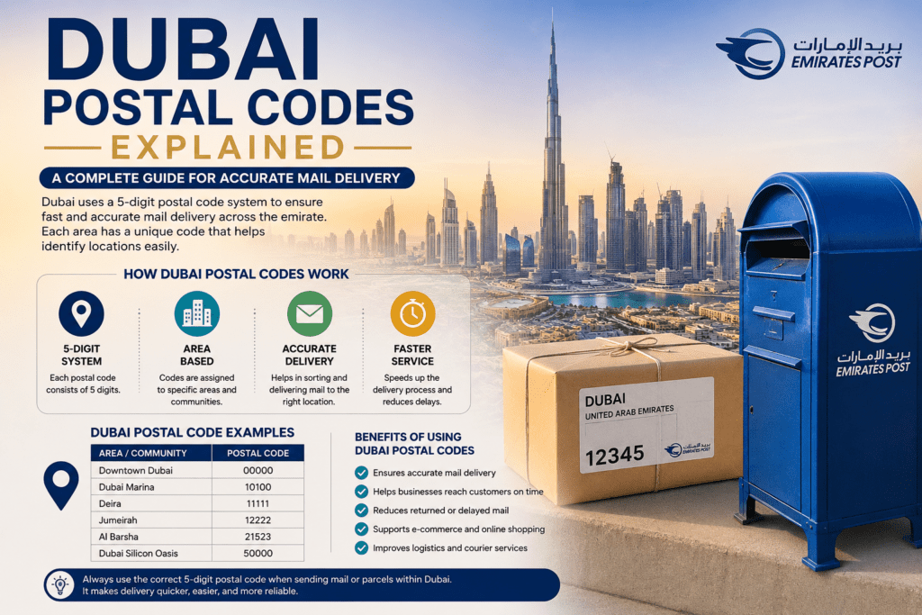 Dubai postal codes guide image showing Emirates Post mailbox, delivery parcel, and Dubai skyline for accurate mail delivery information.
