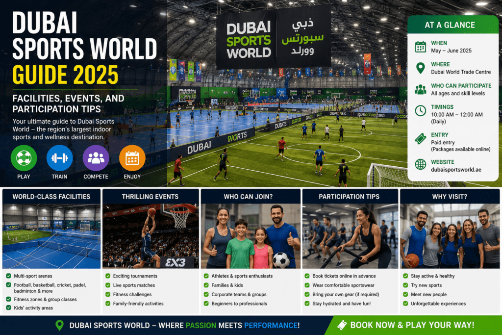 Athletes and families enjoying indoor football, basketball, badminton, fitness activities, and sports events at Dubai Sports World in Dubai.