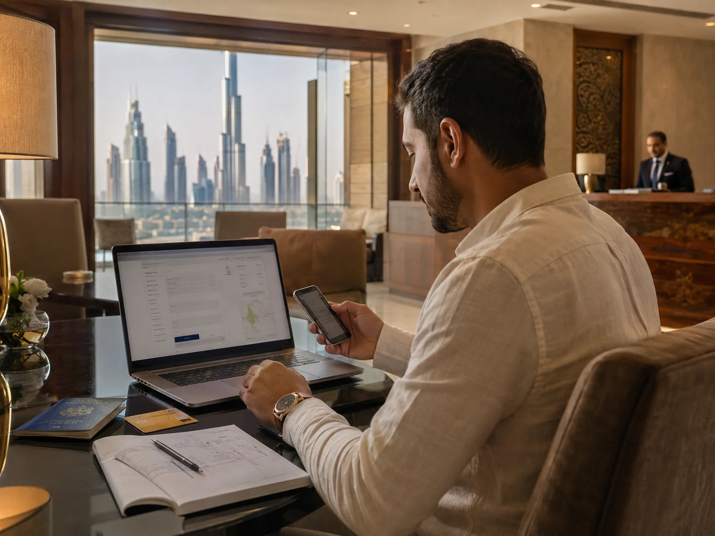 Traveler completing a hotel booking form on a laptop in a Dubai hotel lounge, with a smartphone, passport and city skyline in view.