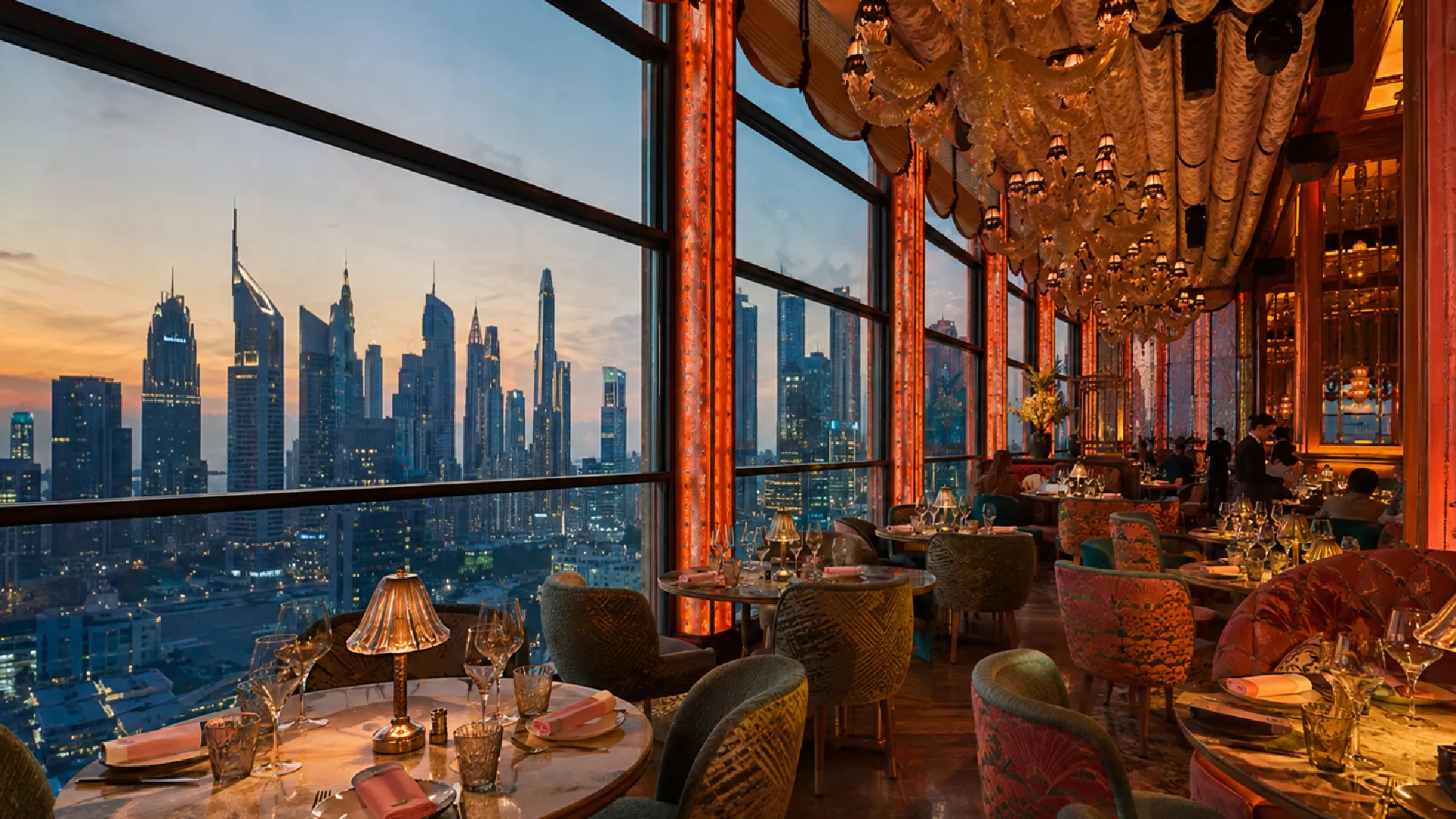 Stylish evening ambience at Sexy Fish Dubai with warm lighting, elegant dining tables, luxury décor, and panoramic Dubai skyline views.