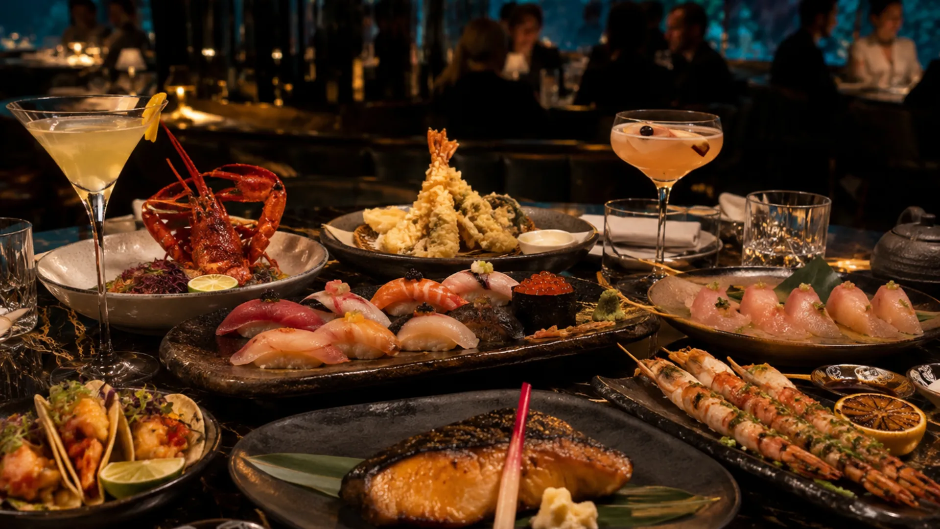 Japanese-inspired seafood spread at Sexy Fish Dubai with sushi, sashimi, lobster, prawns, tempura, and black cod.