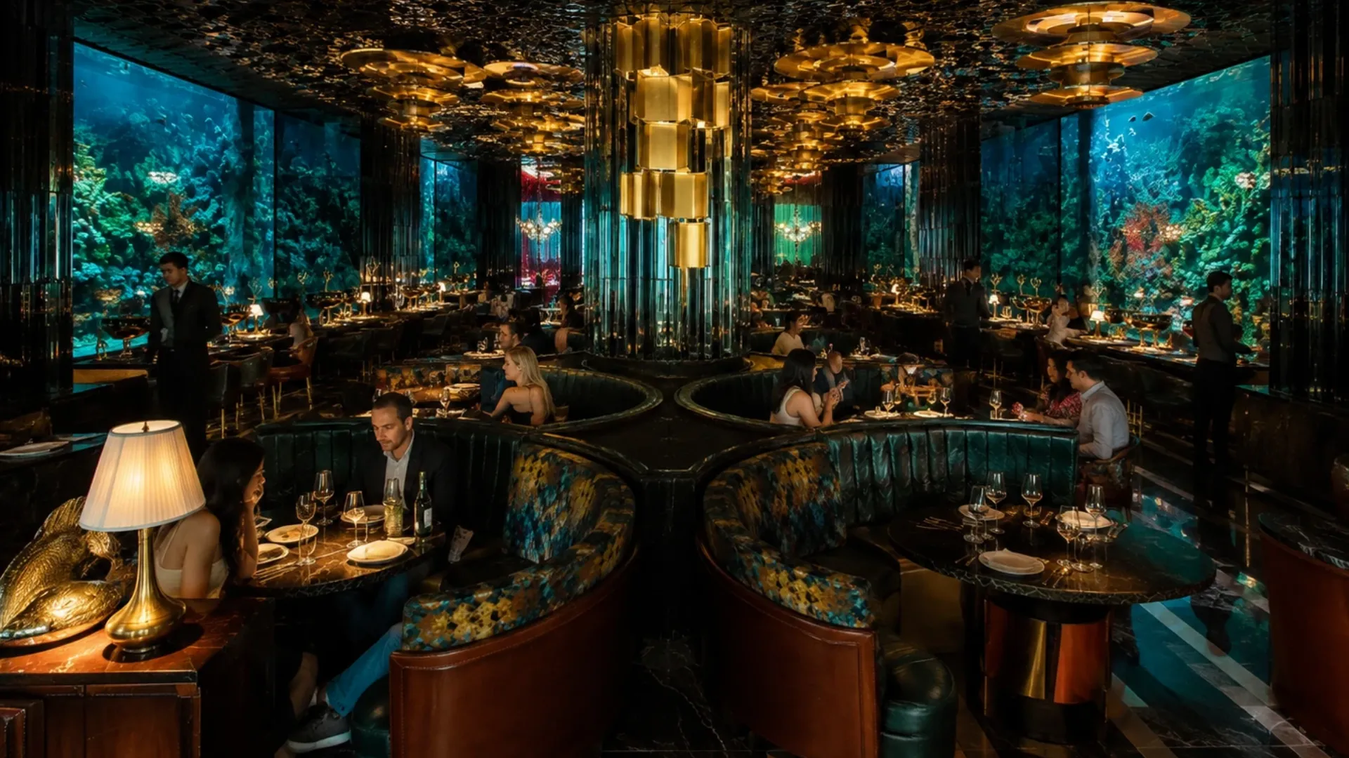 Luxury dining interior at Sexy Fish Dubai with aquariums and elegant décor.