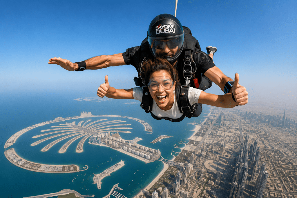 Tandem skydivers freefalling above Palm Jumeirah and Dubai skyline, showcasing the thrilling Sky Dive Dubai experience with professional safety equipment.