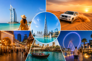 Collage of Dubai’s top attractions featuring Burj Khalifa, Burj Al Arab, desert safari, traditional souks, Ain Dubai, and waterfront experiences for travelers.
