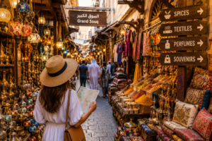 Tourist exploring a traditional Dubai souk filled with spices, textiles, lanterns, perfumes, and local handicrafts in a vibrant marketplace.