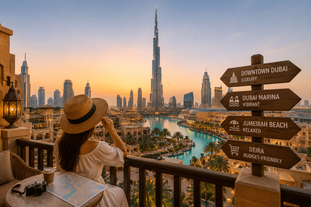 Dubai skyline featuring Downtown Dubai, Dubai Marina, Palm Jumeirah, and luxury hotels, showcasing the best areas for tourists to stay in Dubai.