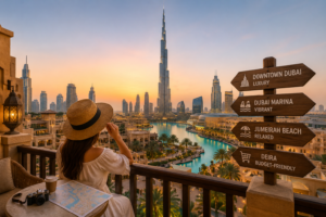 Dubai skyline featuring Downtown Dubai, Dubai Marina, Palm Jumeirah, and luxury hotels, showcasing the best areas for tourists to stay in Dubai.