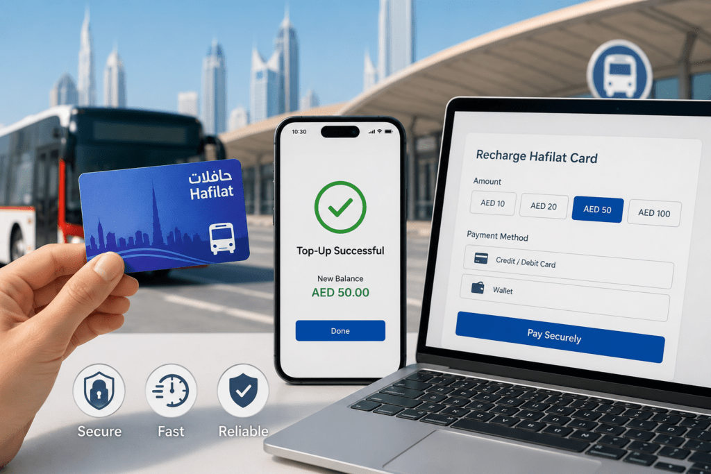 Person recharging a Hafilat bus card online using a smartphone and laptop with secure payment options in Abu Dhabi public transport system.