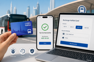 Person recharging a Hafilat bus card online using a smartphone and laptop with secure payment options in Abu Dhabi public transport system.
