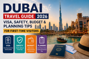 Dubai Travel Guide 2026 with visa requirements, travel safety tips, budget planning advice, passport, boarding pass, and Dubai skyline for first-time visitors.