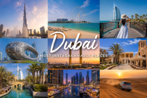 A vibrant travel collage showing the most Instagrammable places in Dubai 2026, including Burj Khalifa, Dubai Fountain, Ain Dubai, JBR Beach, Museum of the Future, Dubai Frame, Dubai Marina, Burj Al Arab, Al Fahidi, and Desert Safari photo spots.