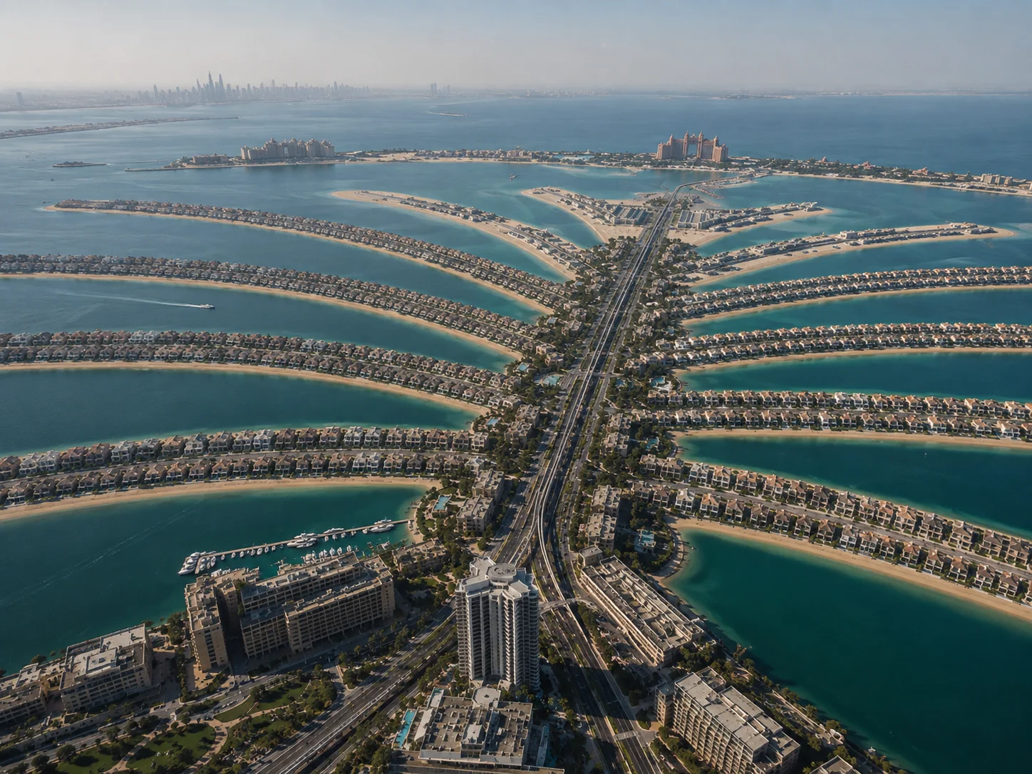 Aerial view of Palm Jumeirah island layout in Dubai