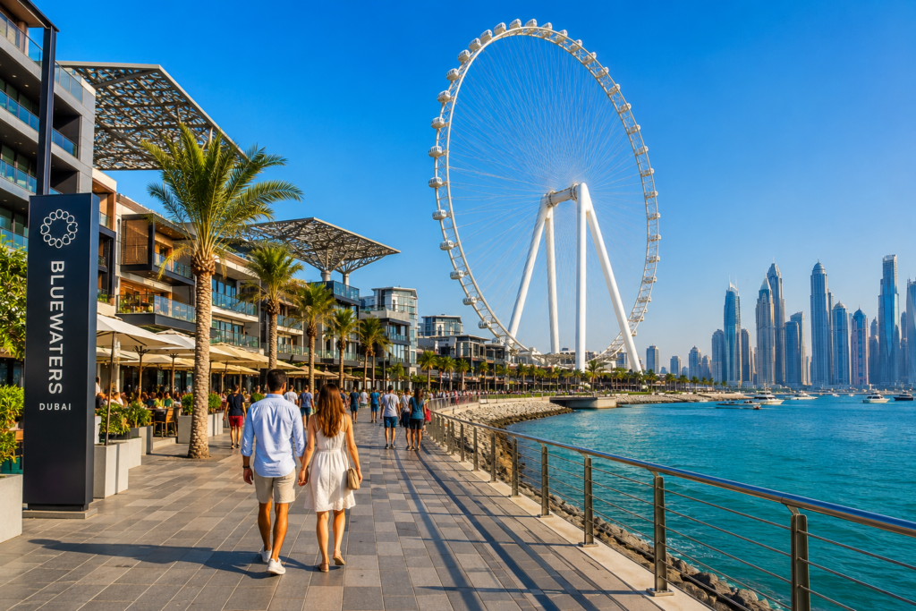 Things to do in Bluewaters Island Dubai including Ain Dubai, waterfront dining, scenic promenades, luxury shopping, and stunning Dubai Marina skyline views.