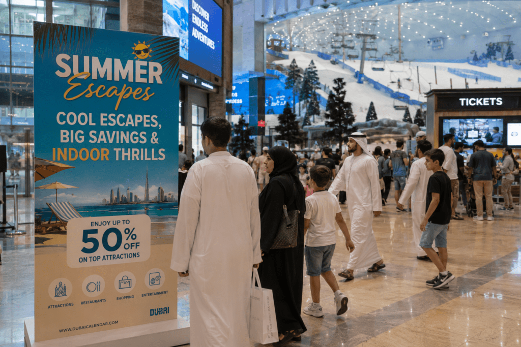 Things to do in Dubai in summer 2026 with families enjoying indoor attractions, summer deals, shopping malls, Ski Dubai, and cool entertainment escapes.
