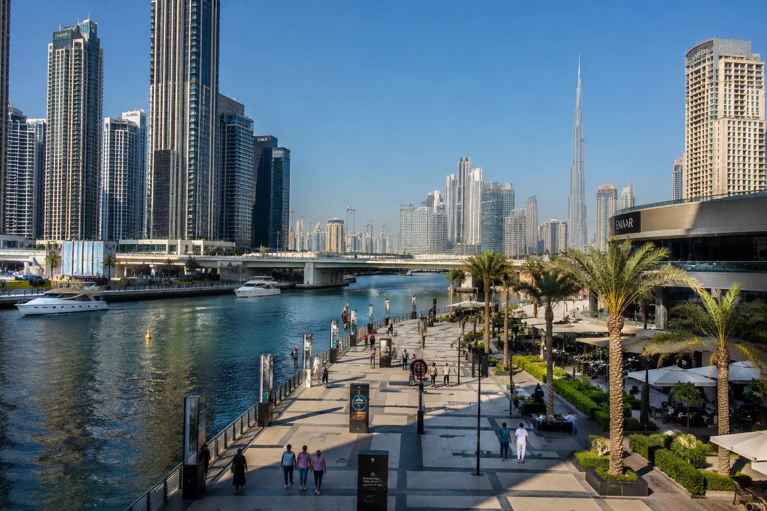 Things to do in Business Bay with waterfront views canal boats skyline palm trees and visitors exploring Dubai