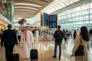Travelers walking through Dubai International Airport Terminal 3 departure hall with luggage.