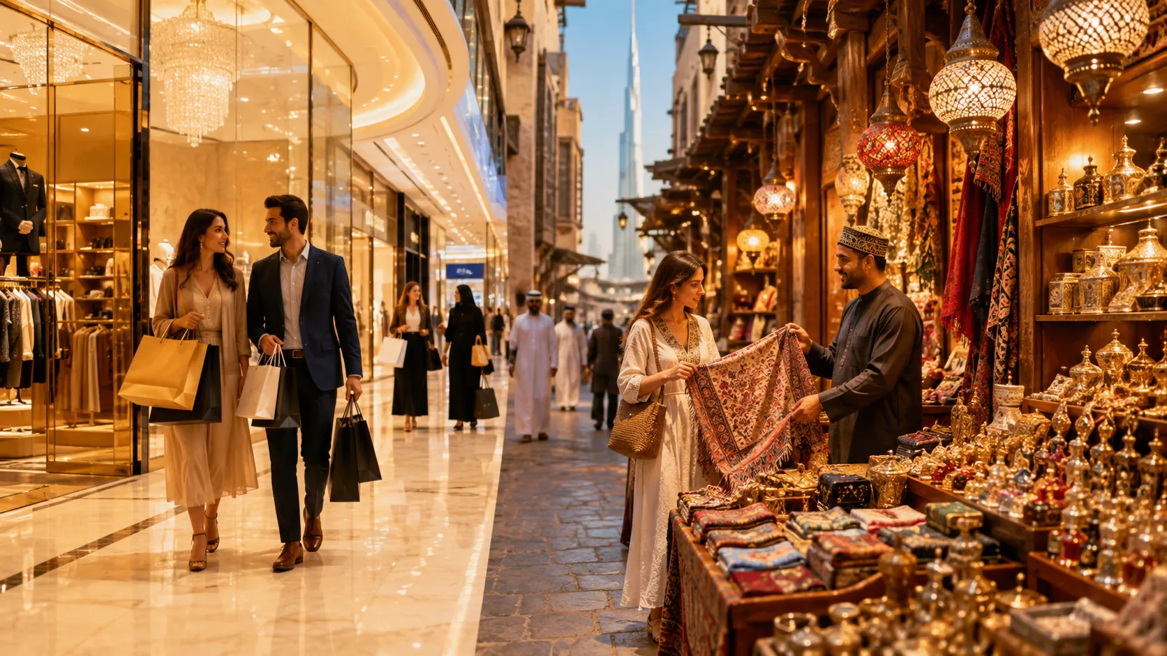 Shoppers exploring luxury malls and traditional souks in Dubai