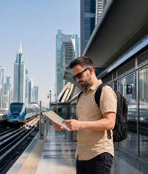 traveller checking a route near a dubai metro station