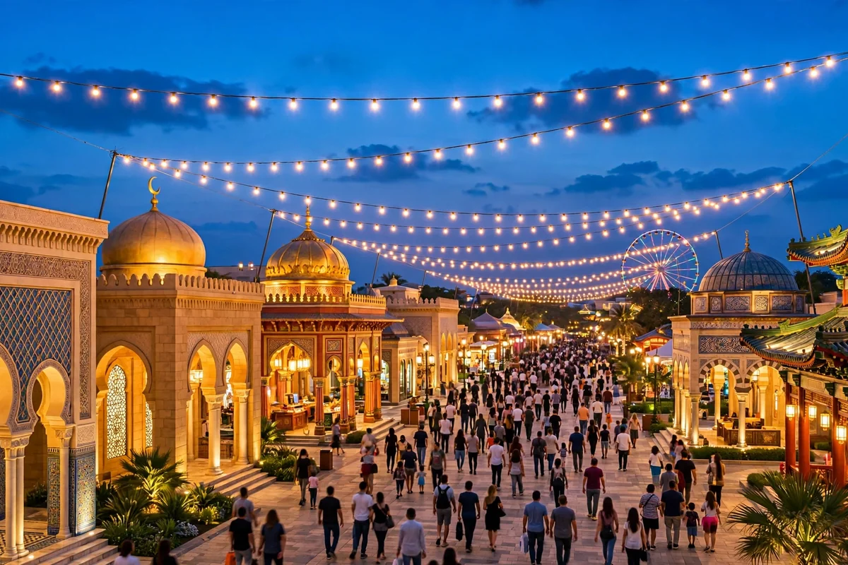 Things to do in Dubai in October: Global Village pavilions glowing at dusk during the Season 31 opening week