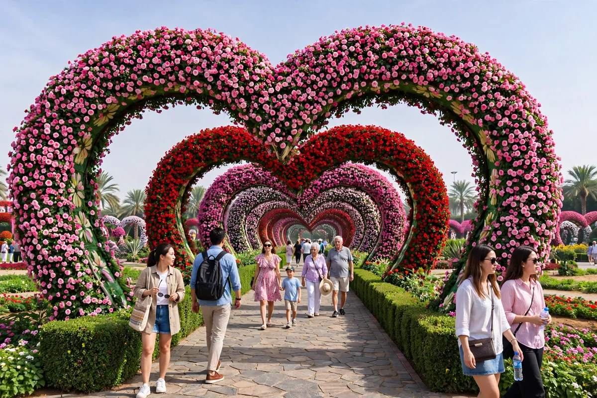 Heart-shaped flower arches covered in pink and red blooms at Dubai Miracle Garden during the new season
