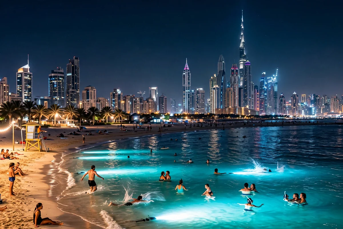 Visitors swimming at a lit Dubai night beach on a warm October evening
