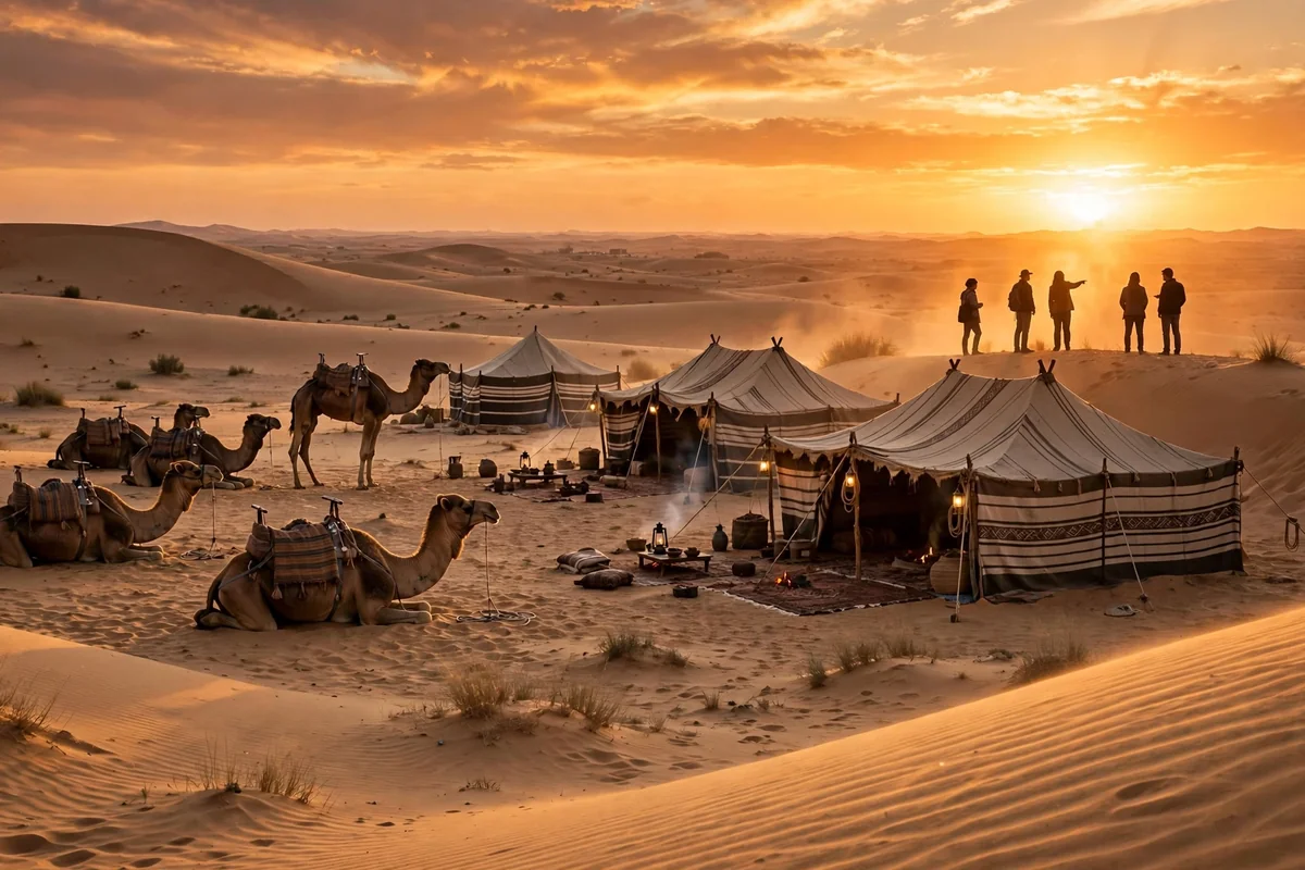 Camels resting beside a Bedouin-style desert safari camp on golden dunes at sunset near Dubai