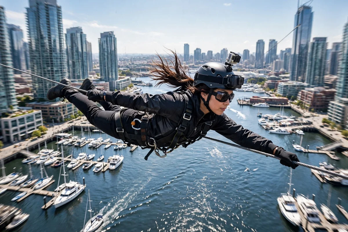 Rider on the XLine Dubai Marina zipline flying between the towers over the water
