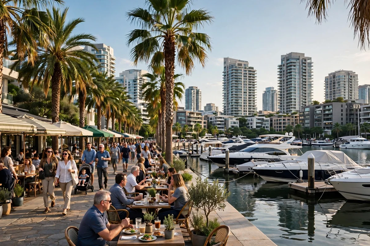 The Marina Walk promenade with waterfront cafés and strolling visitors at Dubai Marina
