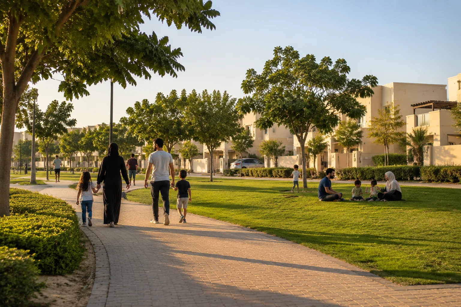 Al Warqa 4 Dubai neighbourhood park with families and landscaped paths