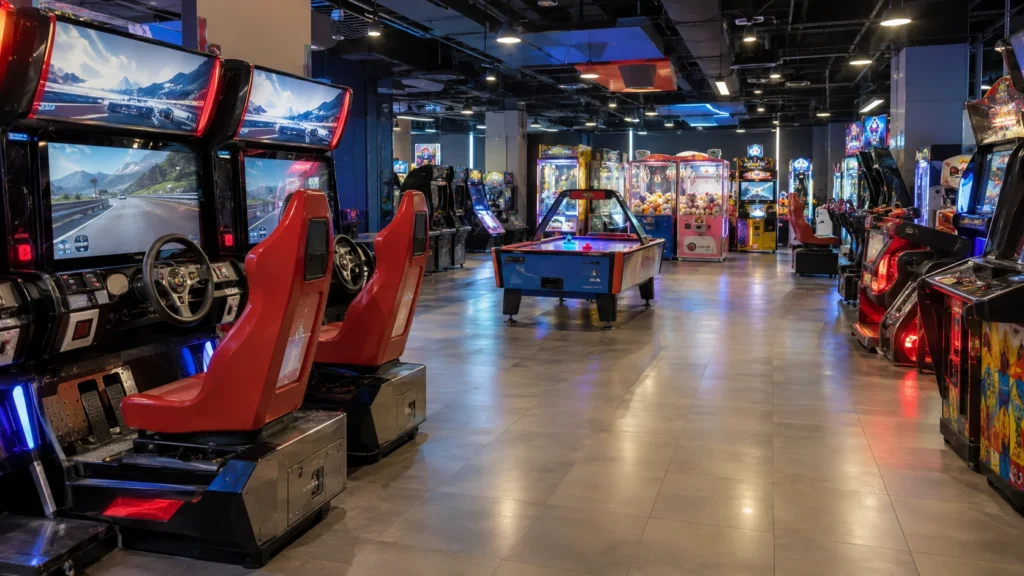 Arcades in Dubai guide illustration with racing cabinets and an air hockey table