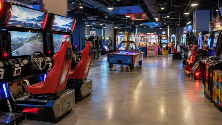 Arcades in Dubai guide illustration with racing cabinets and an air hockey table