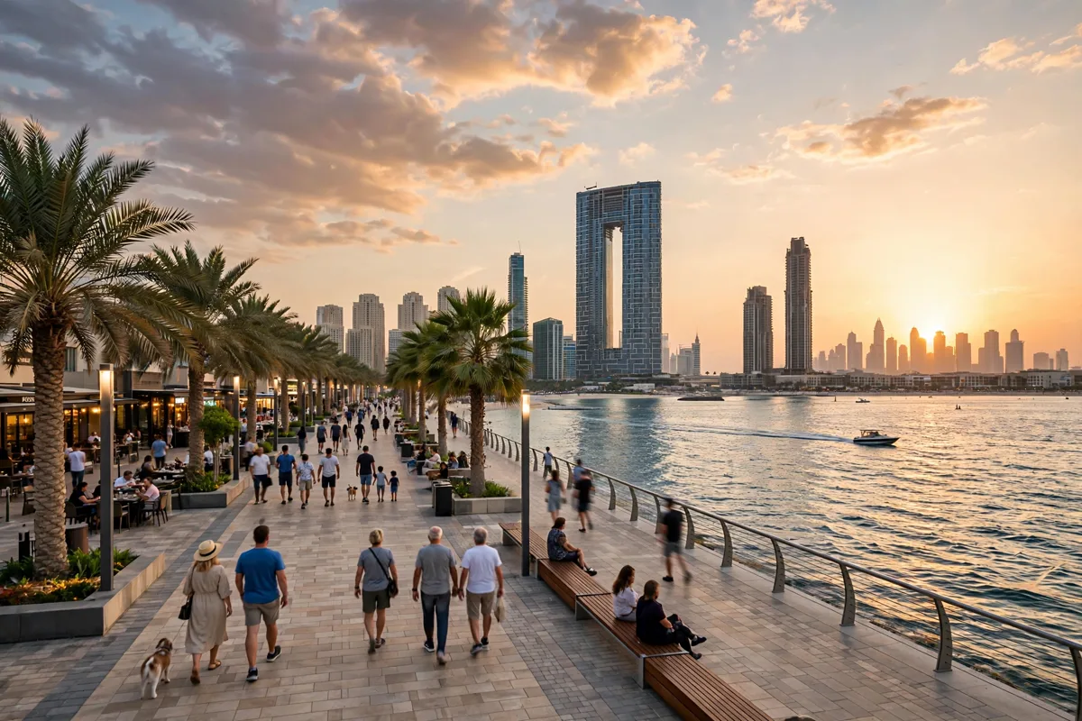 Waterfront promenade on Bluewaters Island Dubai at golden hour with the JBR skyline across the water