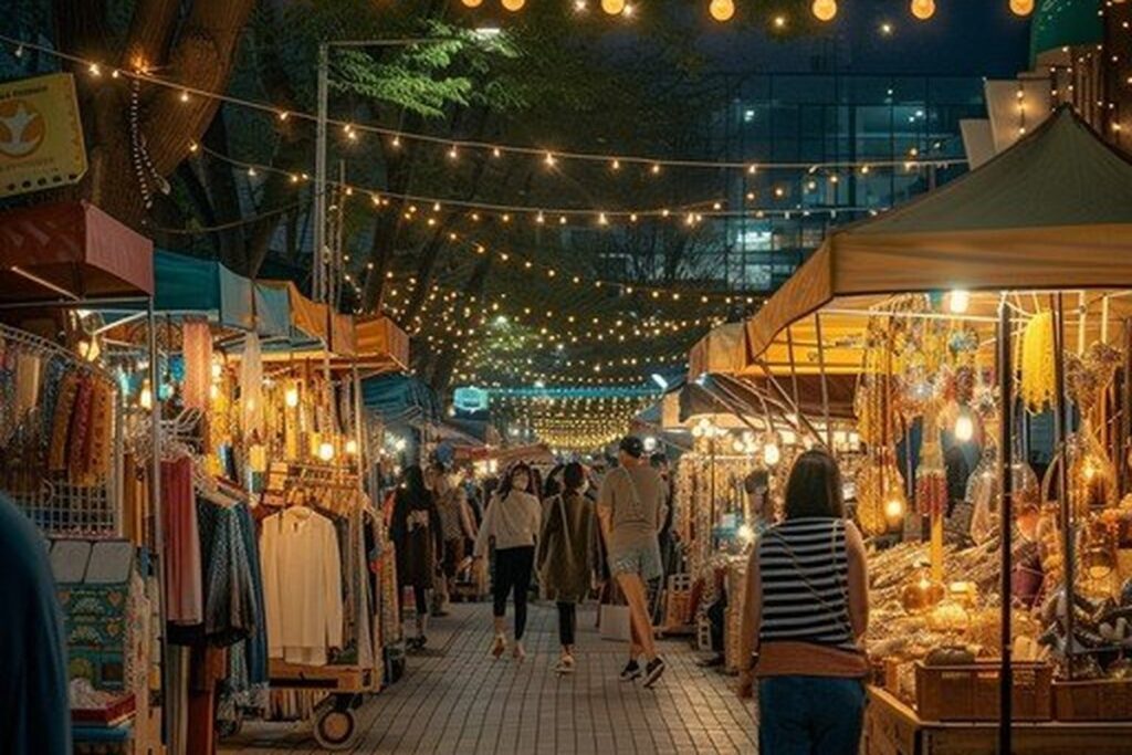 Evening flea market stalls with lights at Zabeel Park, Dubai