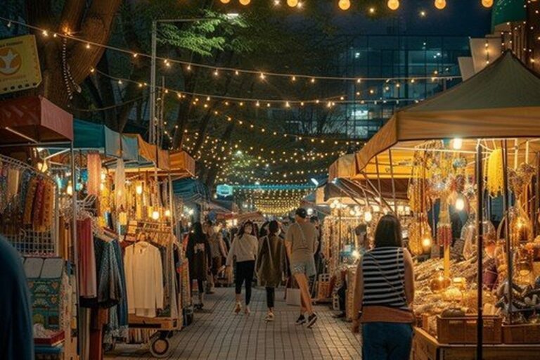 Evening flea market stalls with lights at Zabeel Park, Dubai