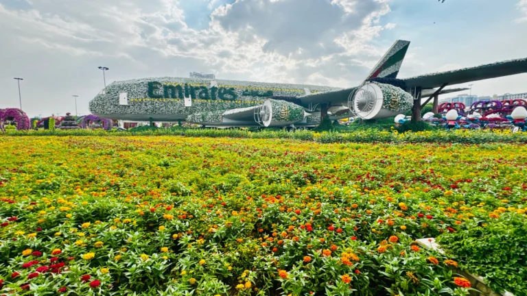 Emirates A380 covered in colorful flowers at Dubai Miracle Garden
