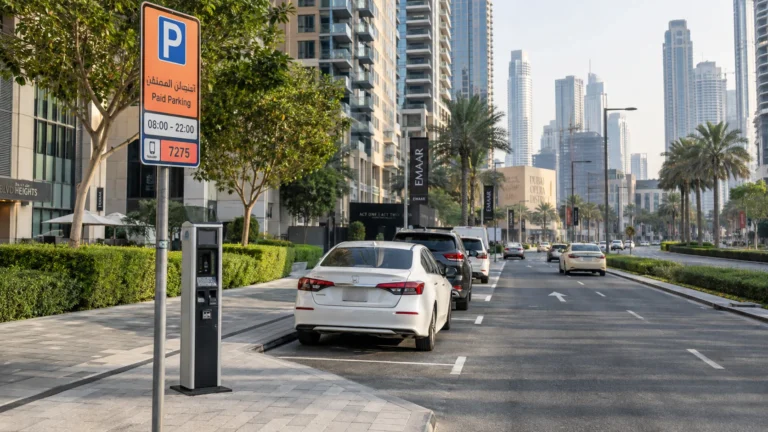 Free parking in Dubai guide showing marked public parking bays and a parking sign