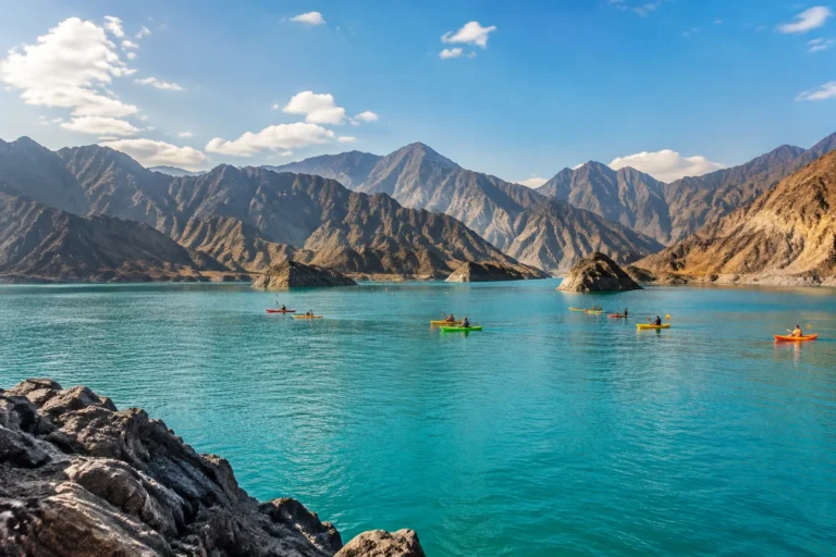 Hatta Dam reservoir with kayaks and Hajar Mountains