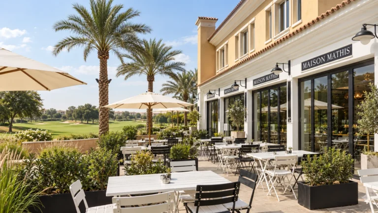 Maison Mathis Dubai terrace overlooking the golf course at Arabian Ranches