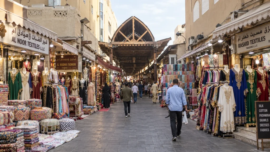 Shopfronts along a shopping lane in Meena Bazaar Dubai