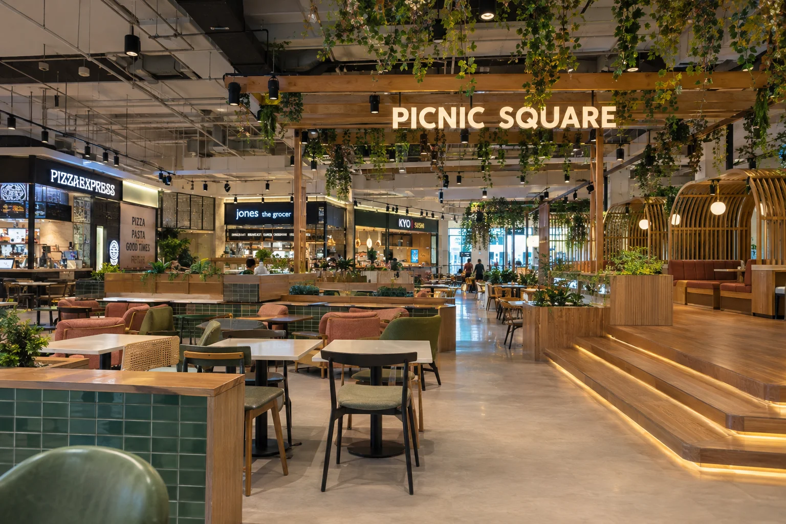 Tables and dining outlets at Picnic Square inside Times Square Center Dubai