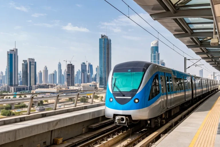 Dubai public transport guide: Dubai Metro train arriving at a station