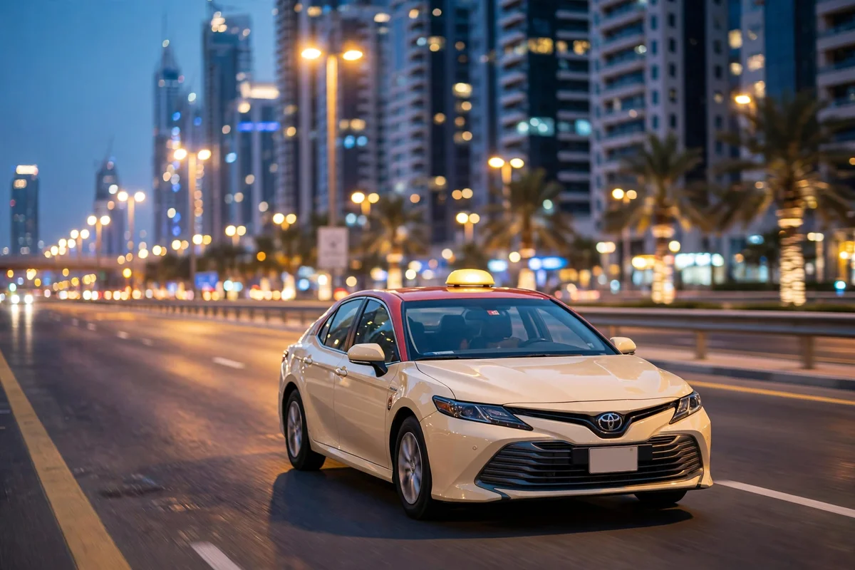 Cream RTA taxi driving on a Dubai road at dusk