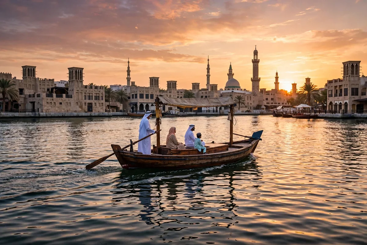 Traditional abra crossing Dubai Creek at sunset
