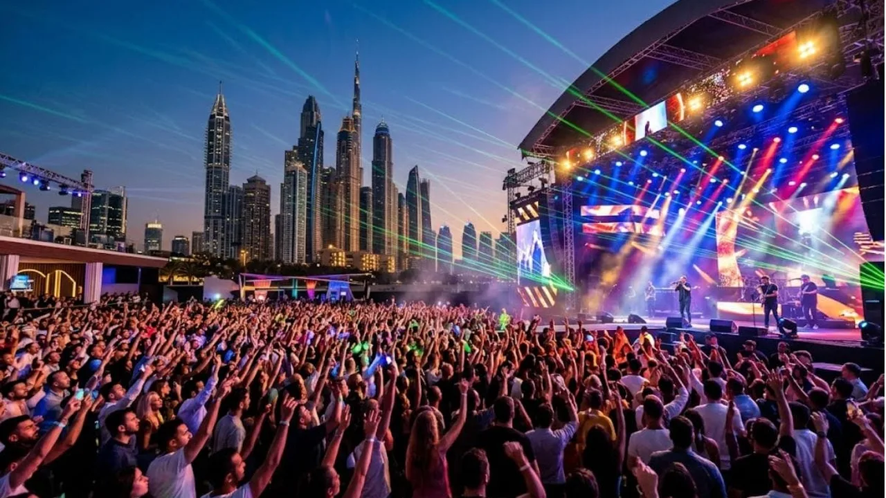 A large crowd cheering at an open-air concert in Dubai with the Marina skyline at dusk