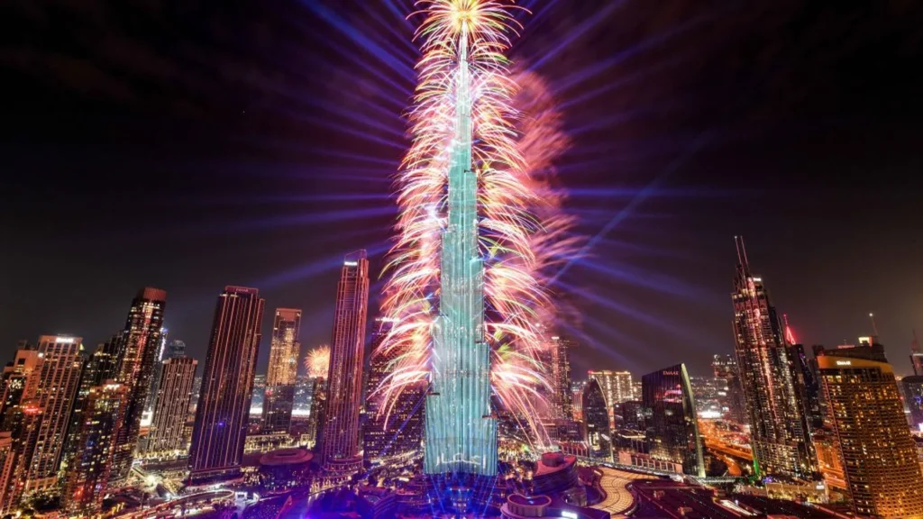 Fireworks bursting over the Burj Khalifa and Downtown Dubai during New Year's Eve