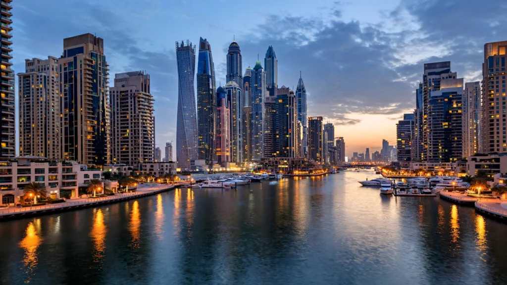 Dubai Marina residential towers at dusk with lights reflecting on the water, a popular area for an Airbnb in Dubai stay