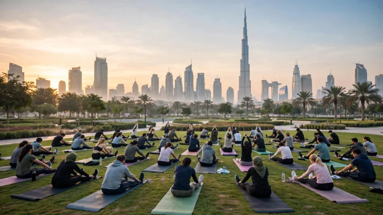Outdoor group fitness class at sunrise in Dubai with skyline